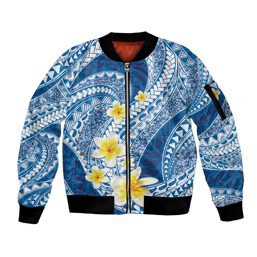 Plumeria Polynesian Blue Glitter Pattern Sleeve Zip Bomber Jacket LT01 Unisex Blue - Polynesian Pride