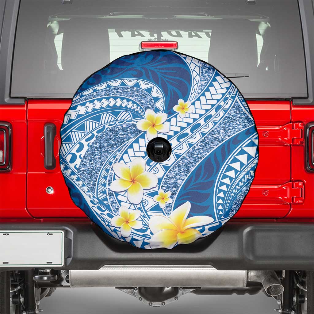 Plumeria Polynesian Blue Glitter Pattern Spare Tire Cover