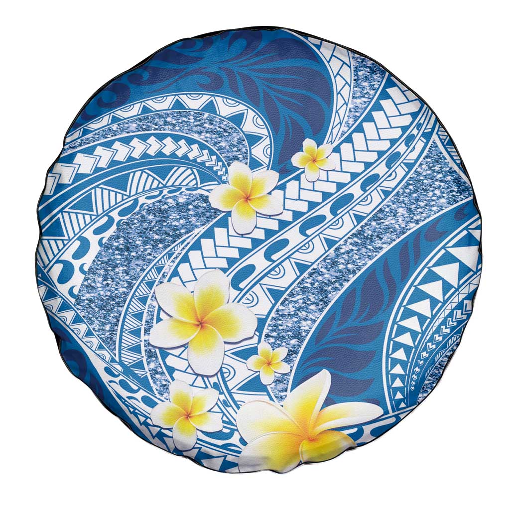 Plumeria Polynesian Blue Glitter Pattern Spare Tire Cover