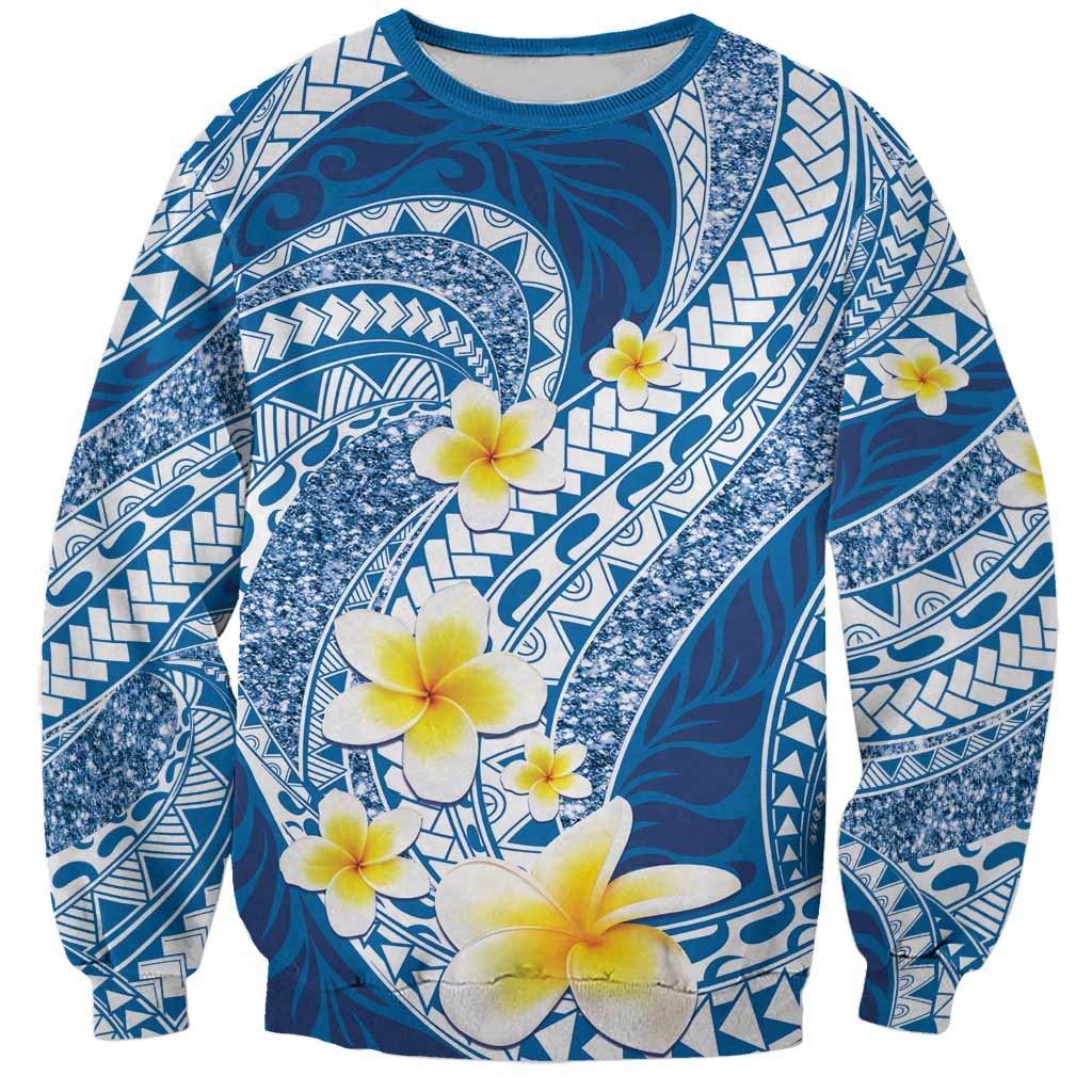 Plumeria Polynesian Blue Glitter Pattern Sweatshirt