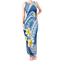 Plumeria Polynesian Blue Glitter Pattern Tank Maxi Dress
