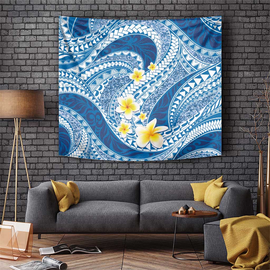 Plumeria Polynesian Blue Glitter Pattern Tapestry
