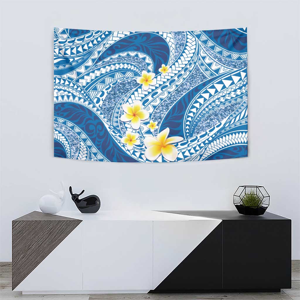 Plumeria Polynesian Blue Glitter Pattern Tapestry