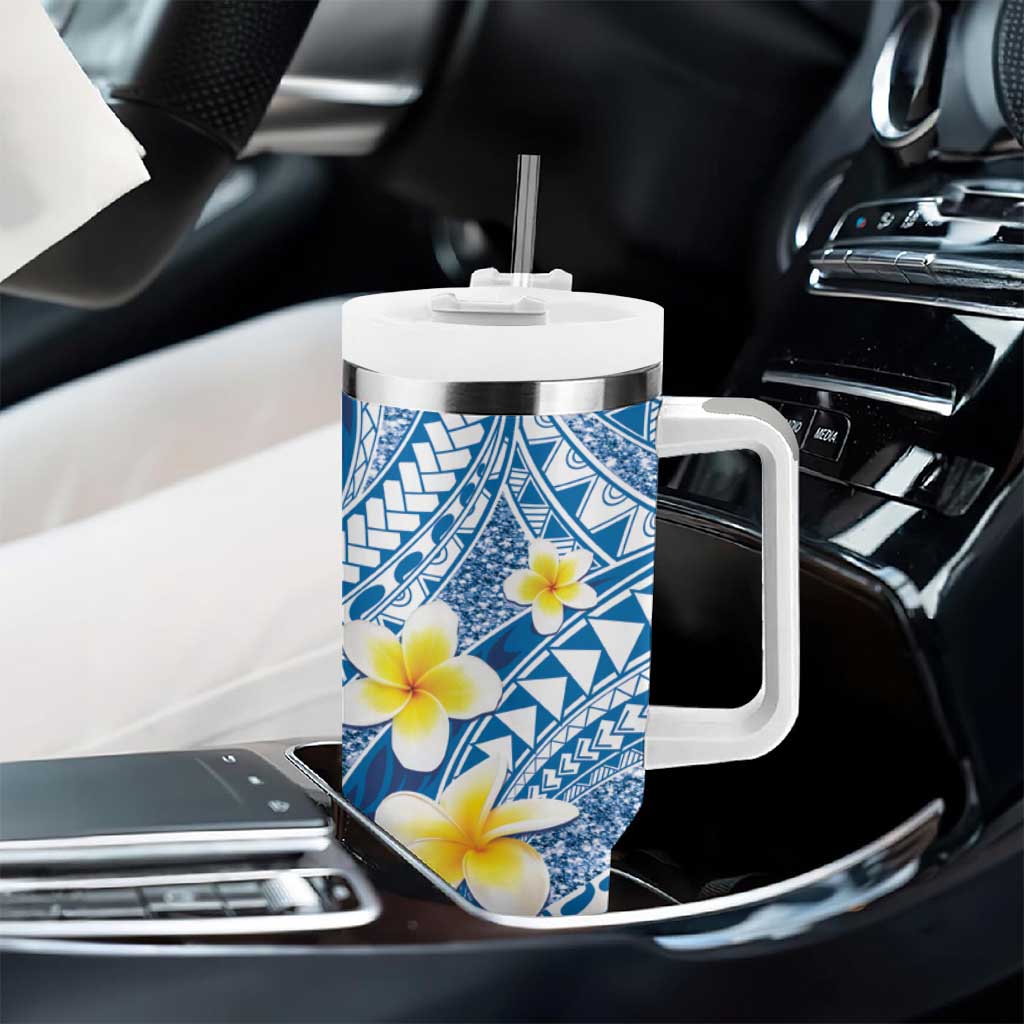 Plumeria Polynesian Blue Glitter Pattern Tumbler With Handle
