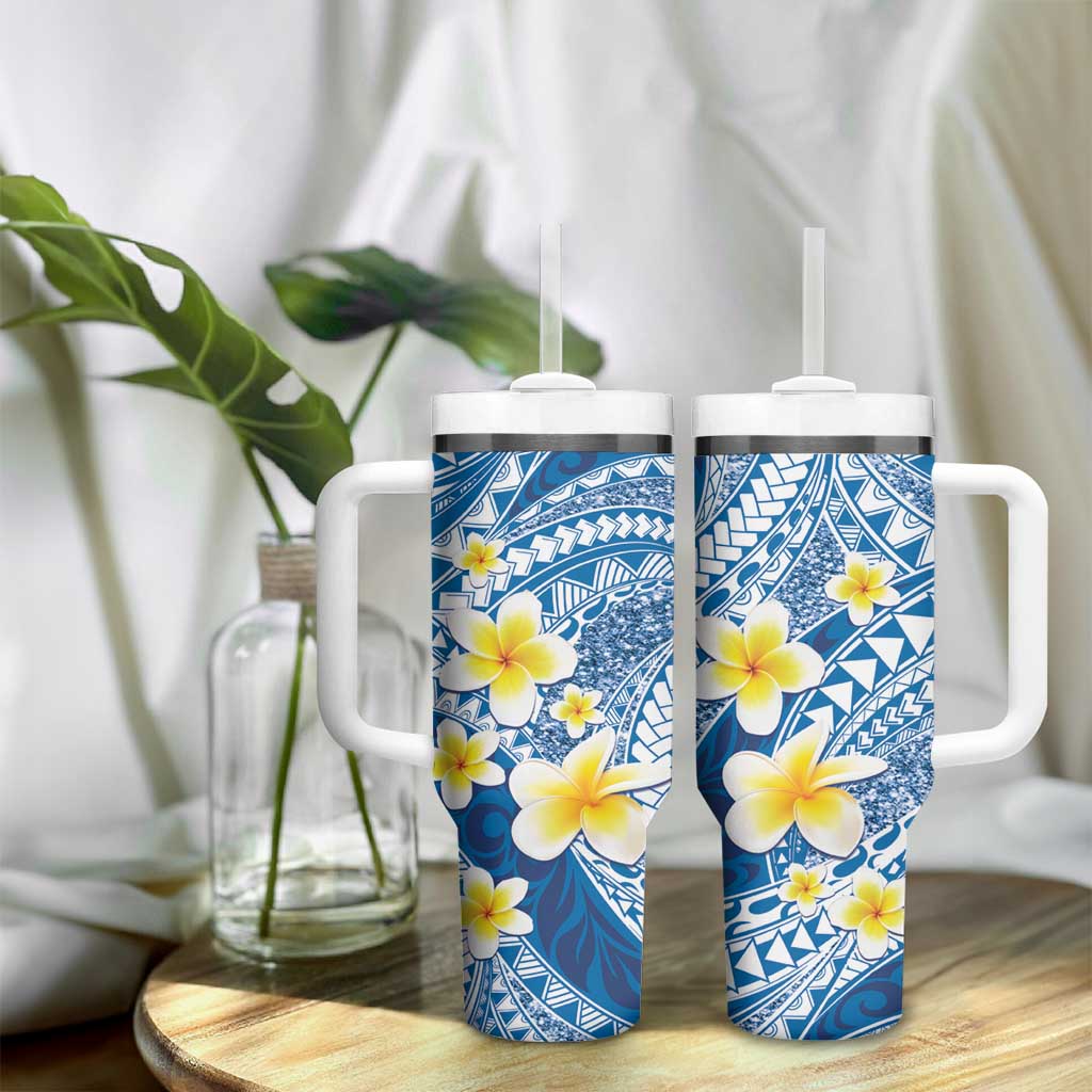 Plumeria Polynesian Blue Glitter Pattern Tumbler With Handle