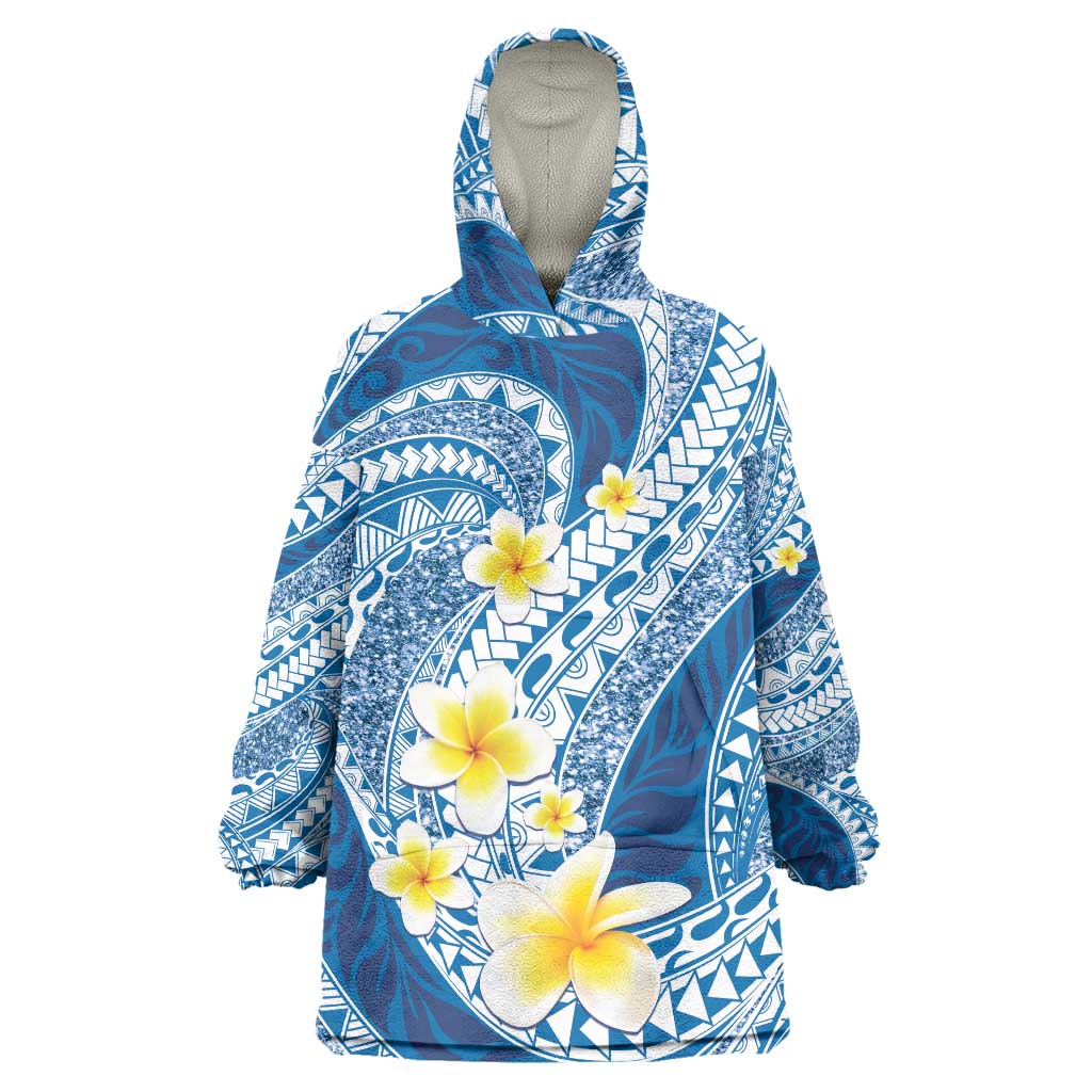 Plumeria Polynesian Blue Glitter Pattern Wearable Blanket Hoodie LT01 One Size Blue - Polynesian Pride