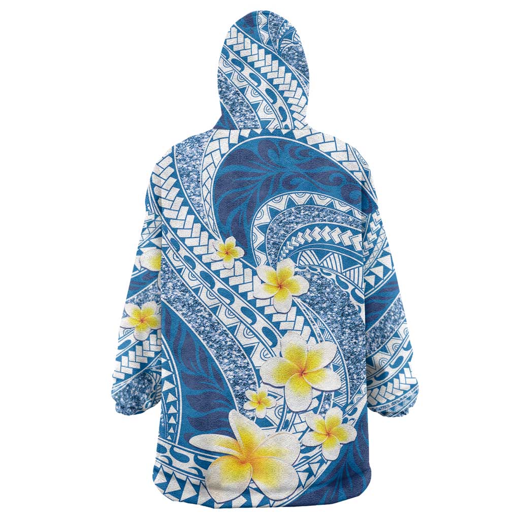 Plumeria Polynesian Blue Glitter Pattern Wearable Blanket Hoodie