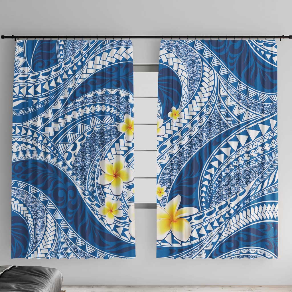 Plumeria Polynesian Blue Glitter Pattern Window Curtain LT01 With Hooks Blue - Polynesian Pride