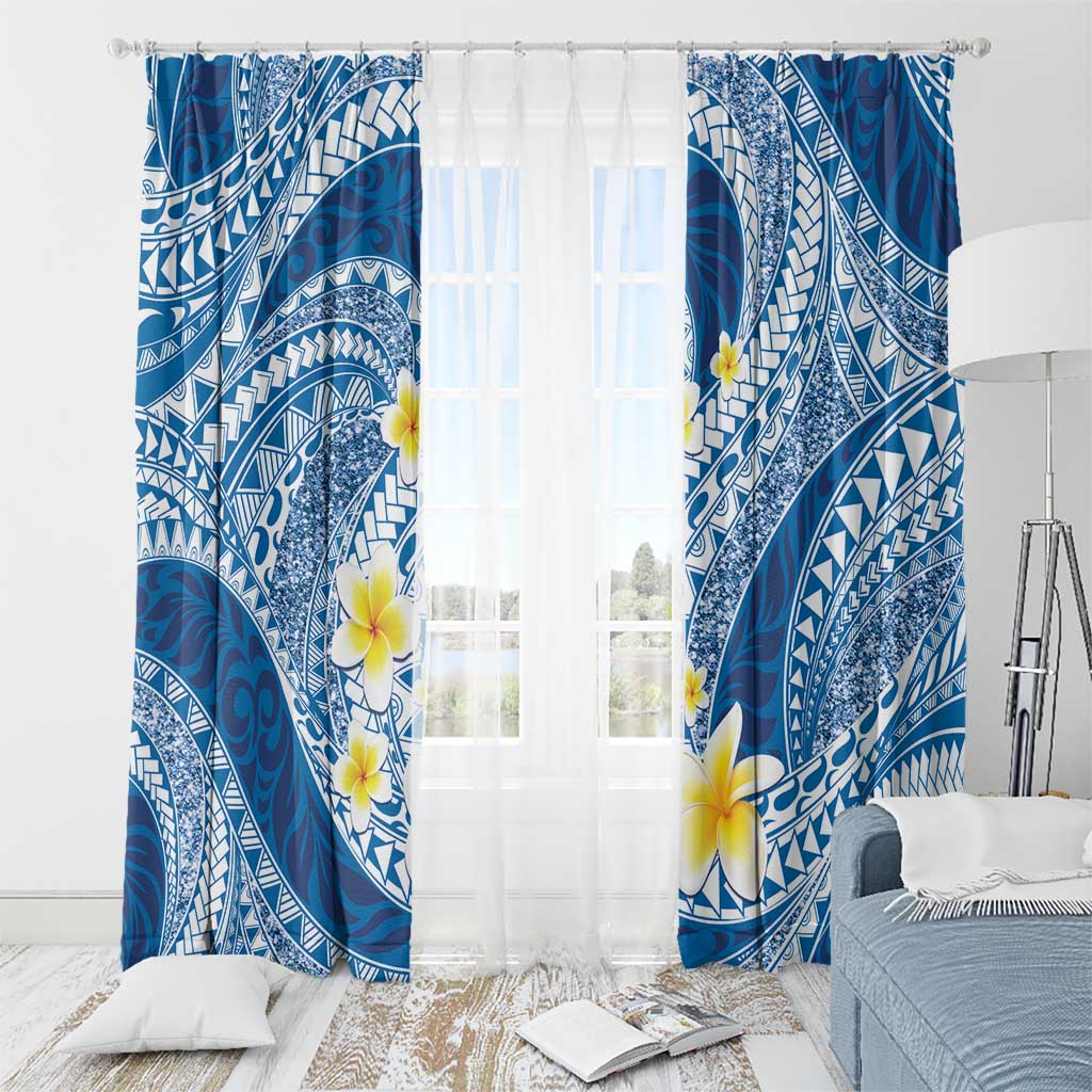 Plumeria Polynesian Blue Glitter Pattern Window Curtain