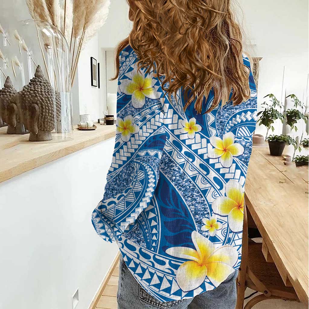Plumeria Polynesian Blue Glitter Pattern Women Casual Shirt