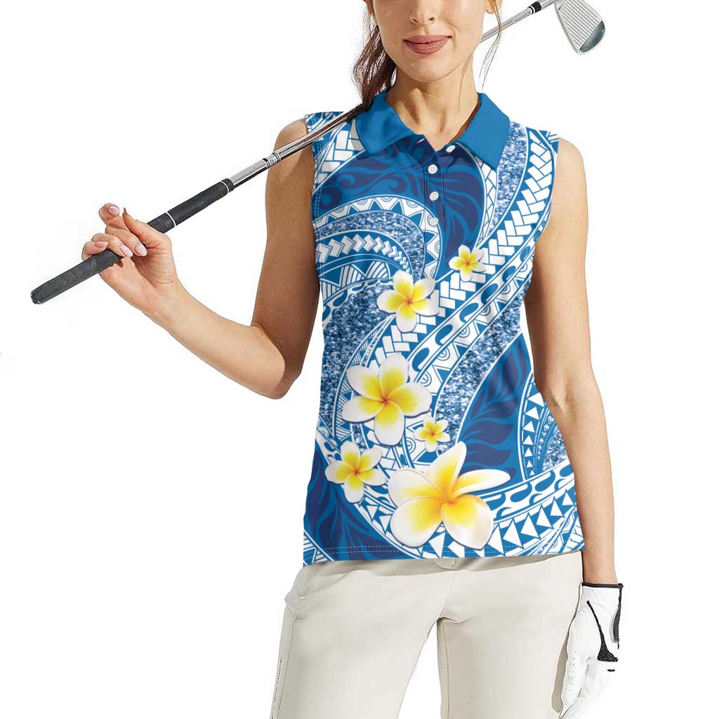 Plumeria Polynesian Blue Glitter Pattern Women Sleeveless Polo Shirt