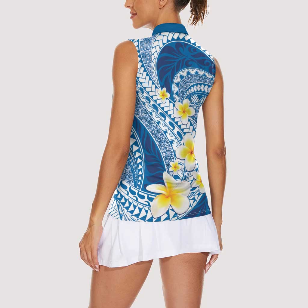 Plumeria Polynesian Blue Glitter Pattern Women Sleeveless Polo Shirt
