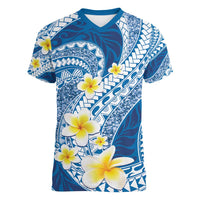 Plumeria Polynesian Blue Glitter Pattern Women V-Neck T-Shirt