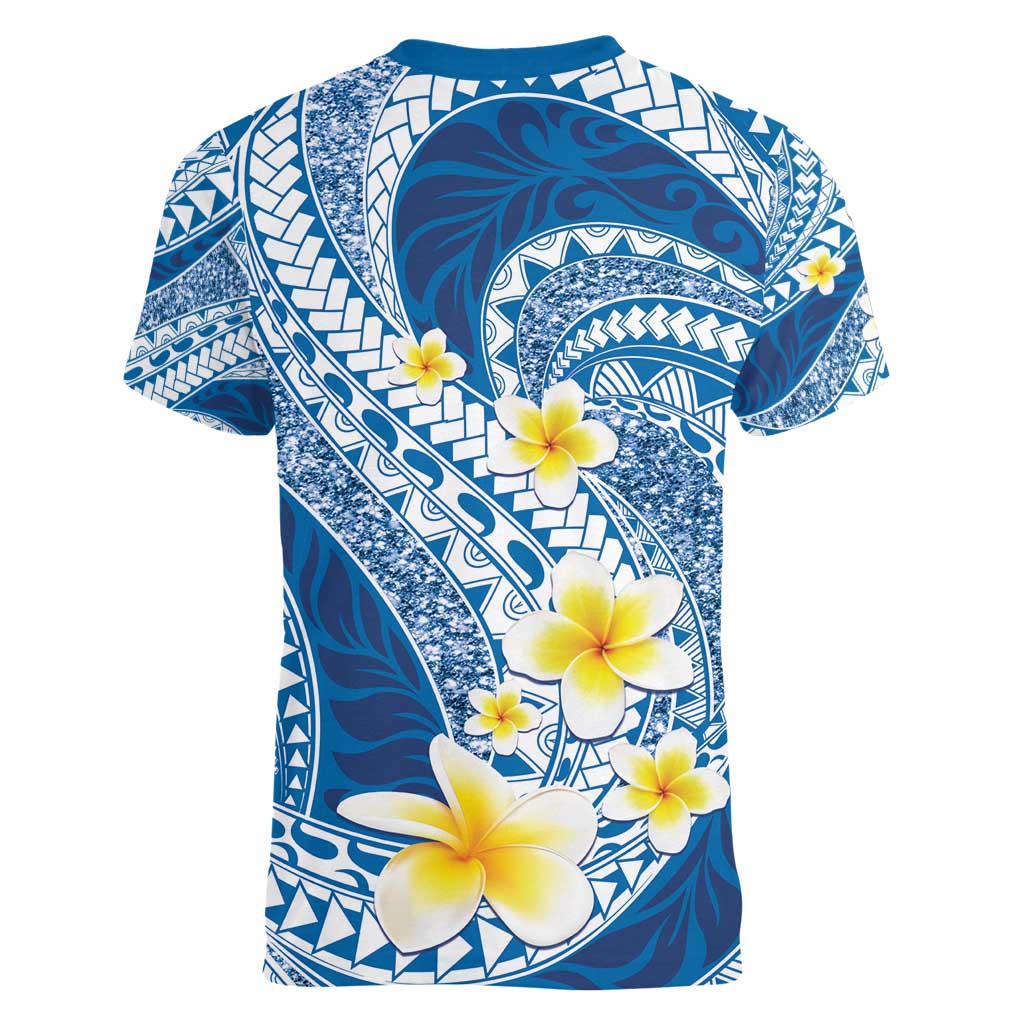 Plumeria Polynesian Blue Glitter Pattern Women V-Neck T-Shirt