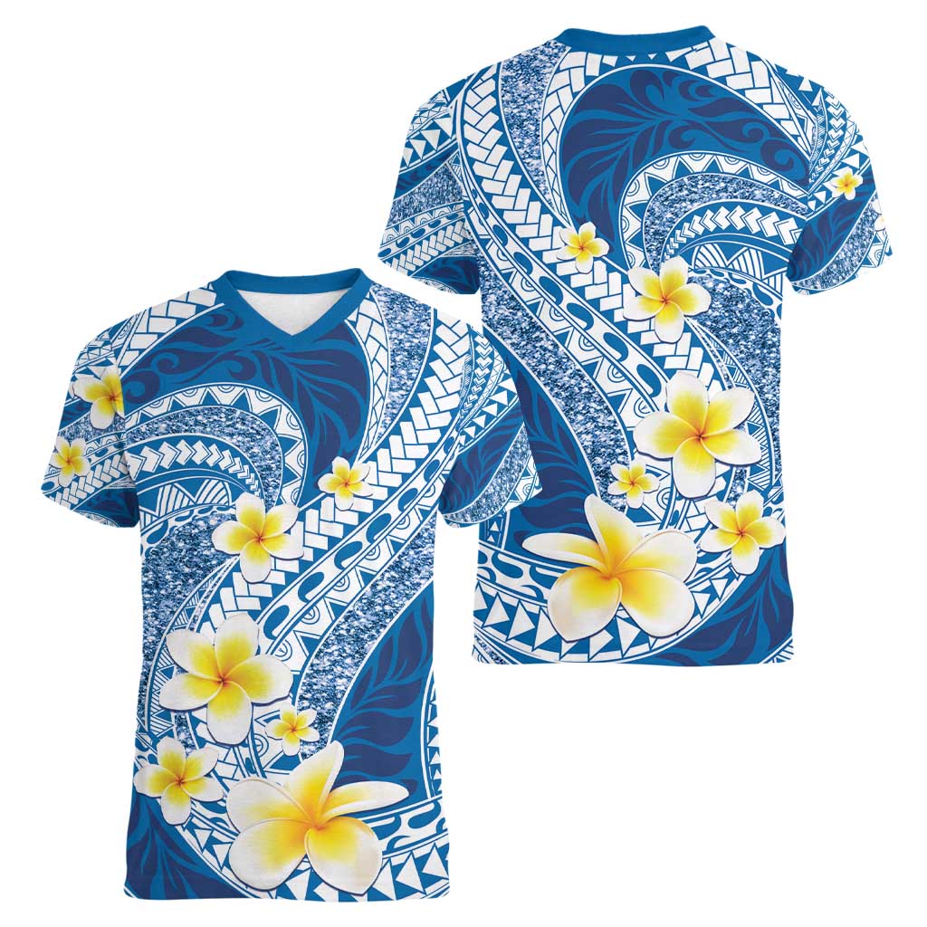 Plumeria Polynesian Blue Glitter Pattern Women V-Neck T-Shirt
