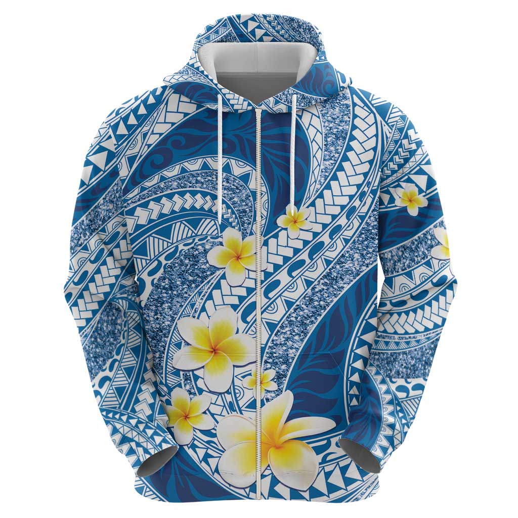 Plumeria Polynesian Blue Glitter Pattern Zip Hoodie LT01 - Polynesian Pride
