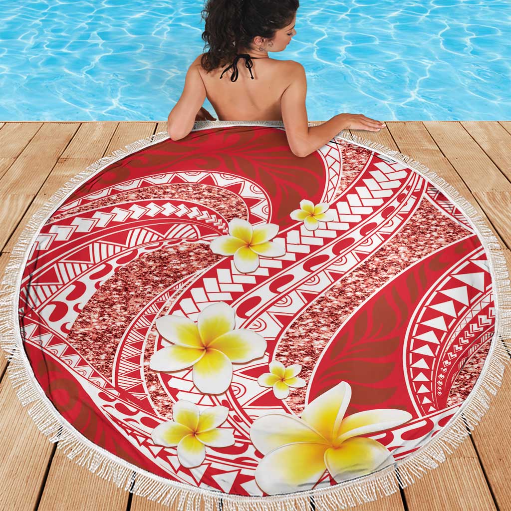 Plumeria Polynesian Coral Glitter Pattern Beach Blanket