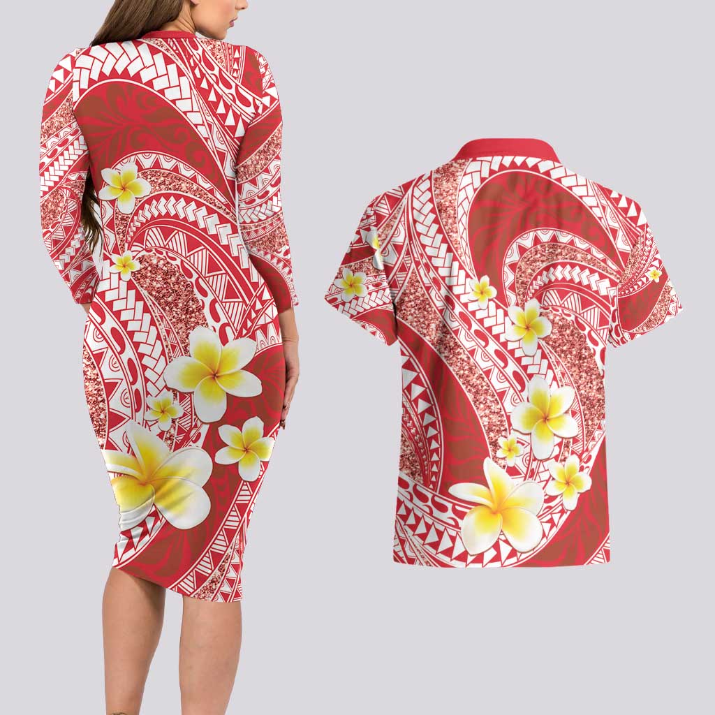 Plumeria Polynesian Coral Glitter Pattern Couples Matching Long Sleeve Bodycon Dress and Hawaiian Shirt