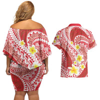 Plumeria Polynesian Coral Glitter Pattern Couples Matching Off Shoulder Short Dress and Hawaiian Shirt
