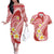 Plumeria Polynesian Coral Glitter Pattern Couples Matching Off The Shoulder Long Sleeve Dress and Hawaiian Shirt