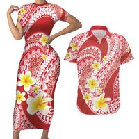 Plumeria Polynesian Coral Glitter Pattern Couples Matching Short Sleeve Bodycon Dress and Hawaiian Shirt