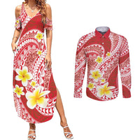 Plumeria Polynesian Coral Glitter Pattern Couples Matching Summer Maxi Dress and Long Sleeve Button Shirt LT01 Coral - Polynesian Pride