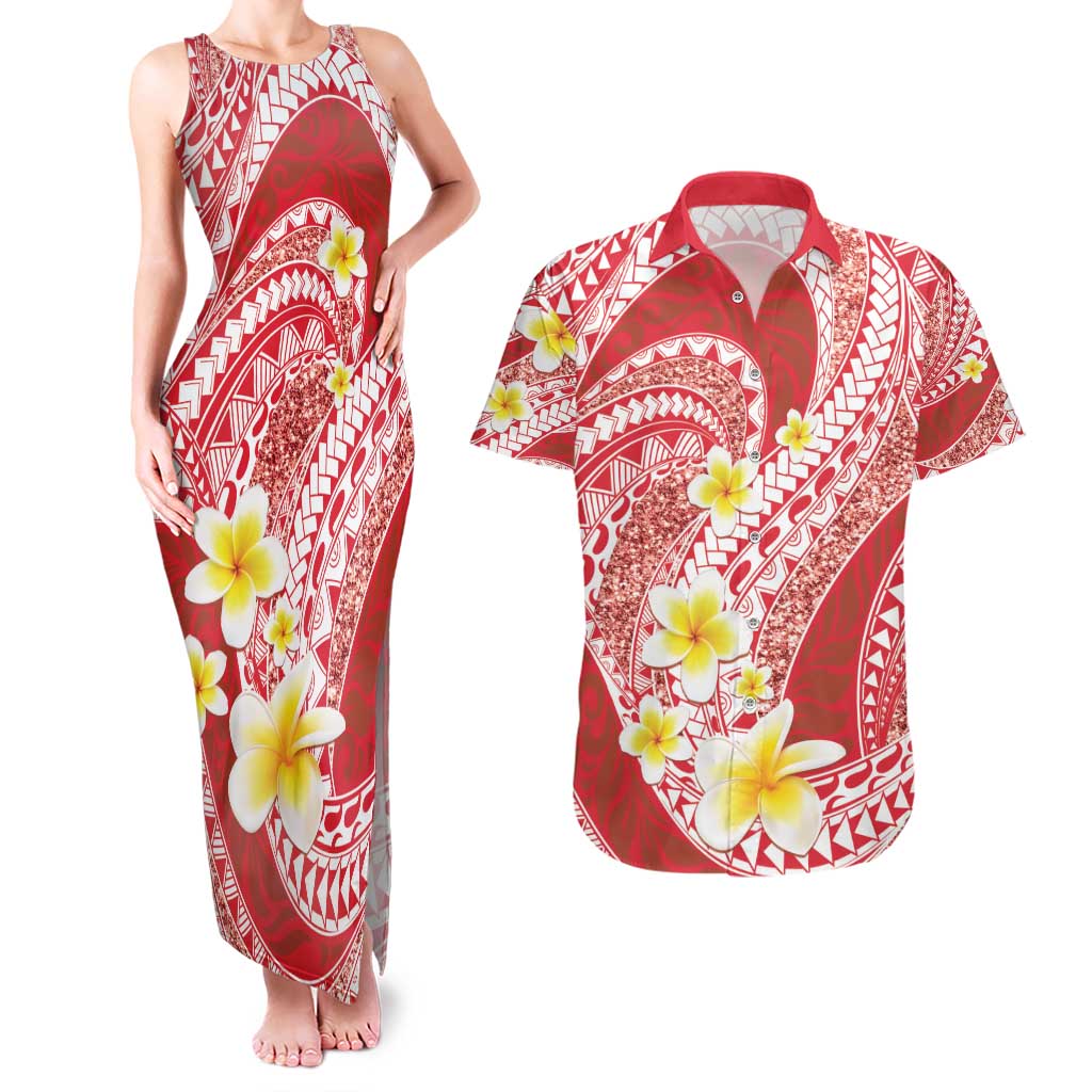 Plumeria Polynesian Coral Glitter Pattern Couples Matching Tank Maxi Dress and Hawaiian Shirt