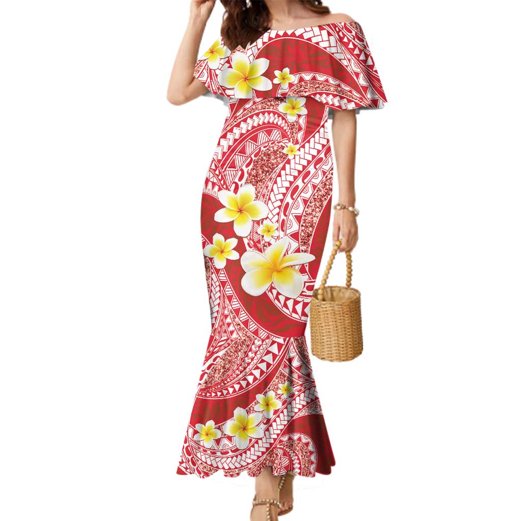 Plumeria Polynesian Coral Glitter Pattern Family Matching Mermaid Dress and Hawaiian Shirt