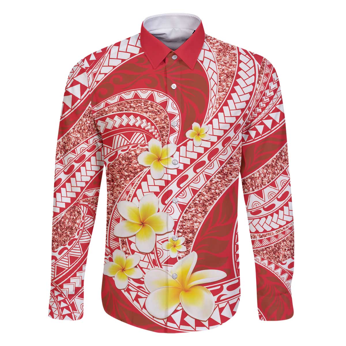 Plumeria Polynesian Coral Glitter Pattern Family Matching Off The Shoulder Long Sleeve Dress and Hawaiian Shirt