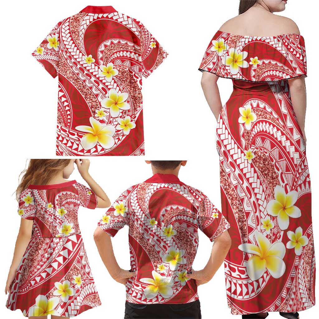 Plumeria Polynesian Coral Glitter Pattern Family Matching Off Shoulder Maxi Dress and Hawaiian Shirt