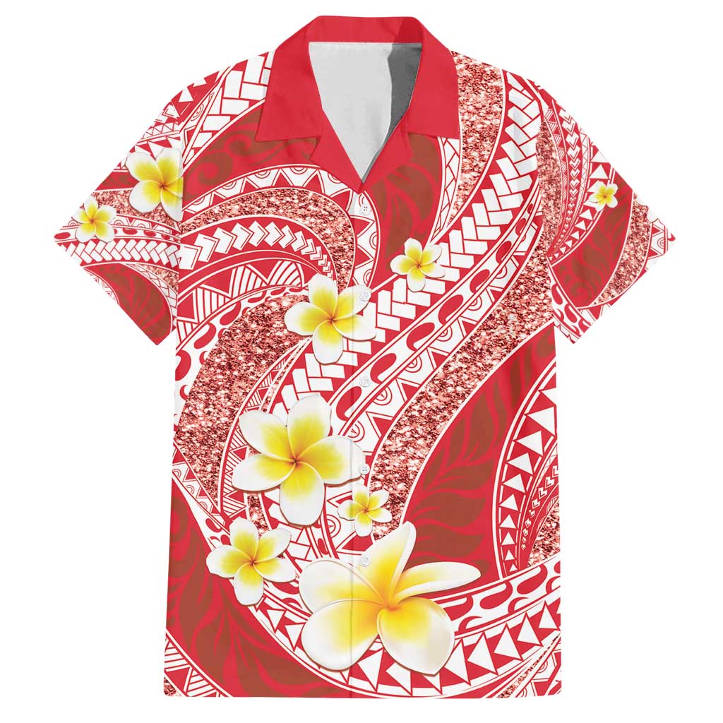 Plumeria Polynesian Coral Glitter Pattern Family Matching Off Shoulder Maxi Dress and Hawaiian Shirt