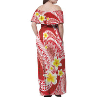 Plumeria Polynesian Coral Glitter Pattern Family Matching Off Shoulder Maxi Dress and Hawaiian Shirt