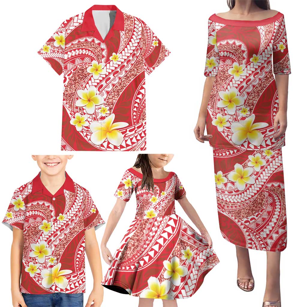 Plumeria Polynesian Coral Glitter Pattern Family Matching Puletasi and Hawaiian Shirt