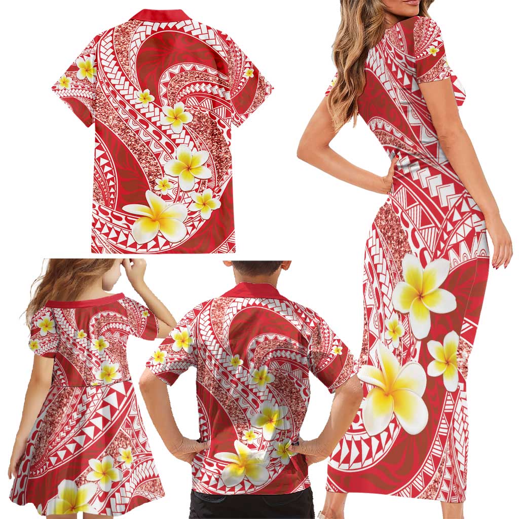 Plumeria Polynesian Coral Glitter Pattern Family Matching Short Sleeve Bodycon Dress and Hawaiian Shirt