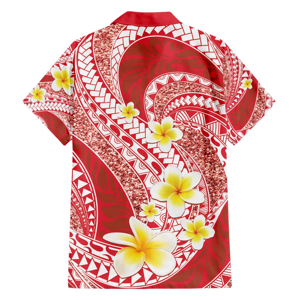 Plumeria Polynesian Coral Glitter Pattern Family Matching Short Sleeve Bodycon Dress and Hawaiian Shirt