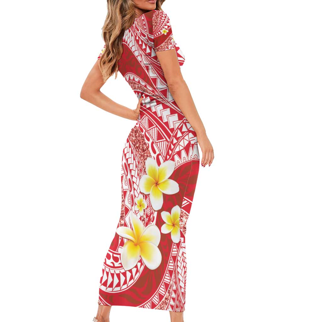 Plumeria Polynesian Coral Glitter Pattern Family Matching Short Sleeve Bodycon Dress and Hawaiian Shirt