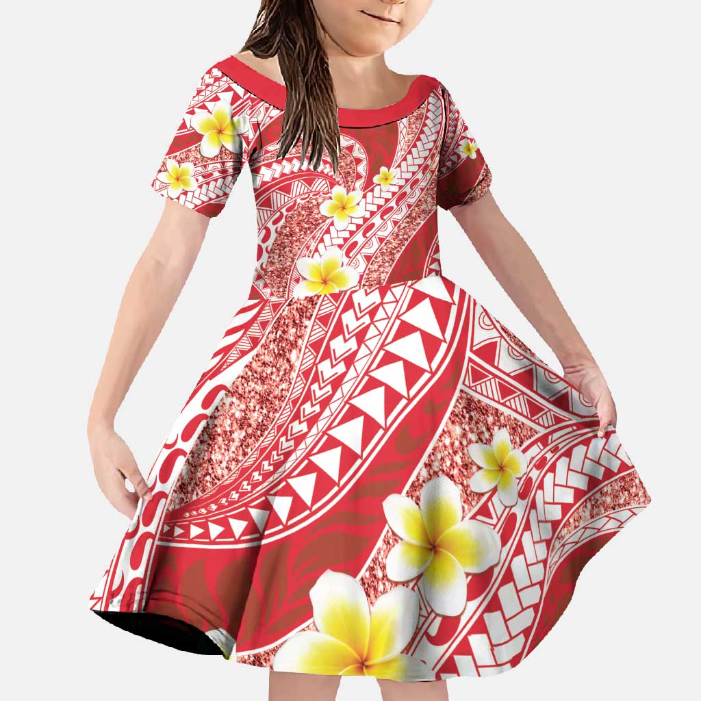 Plumeria Polynesian Coral Glitter Pattern Family Matching Tank Maxi Dress and Hawaiian Shirt LT01 Daughter's Dress Coral - Polynesian Pride