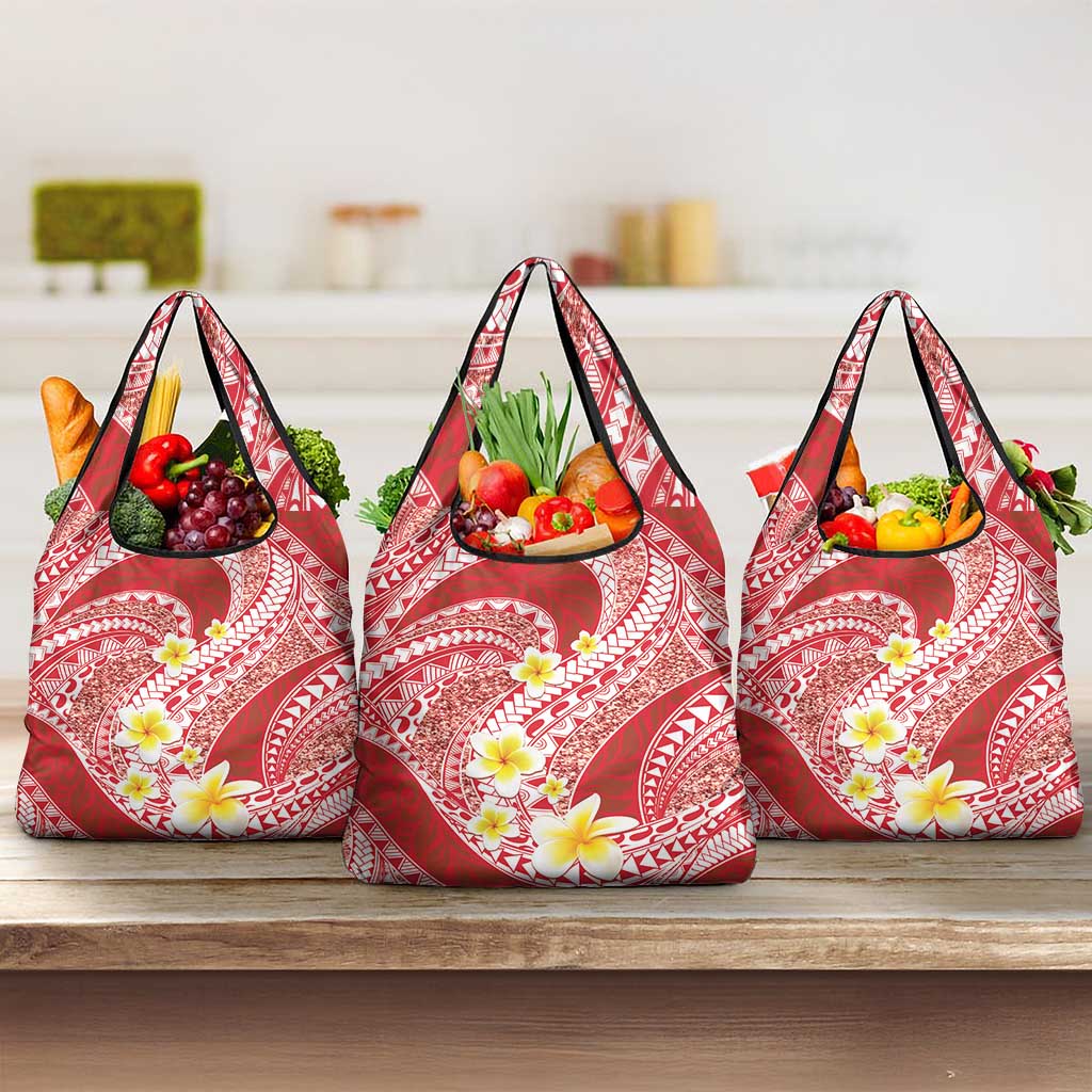 Plumeria Polynesian Coral Glitter Pattern Grocery Bag