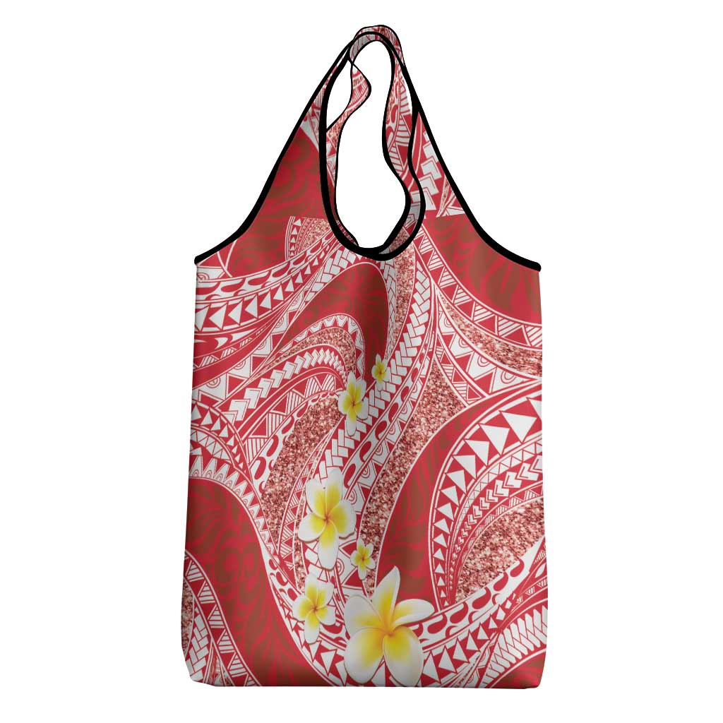Plumeria Polynesian Coral Glitter Pattern Grocery Bag