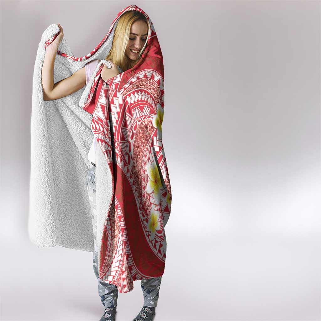 Plumeria Polynesian Coral Glitter Pattern Hooded Blanket