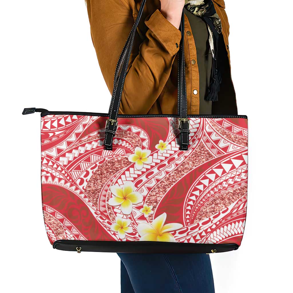 Plumeria Polynesian Coral Glitter Pattern Leather Tote Bag