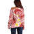 Plumeria Polynesian Coral Glitter Pattern Off Shoulder Sweater