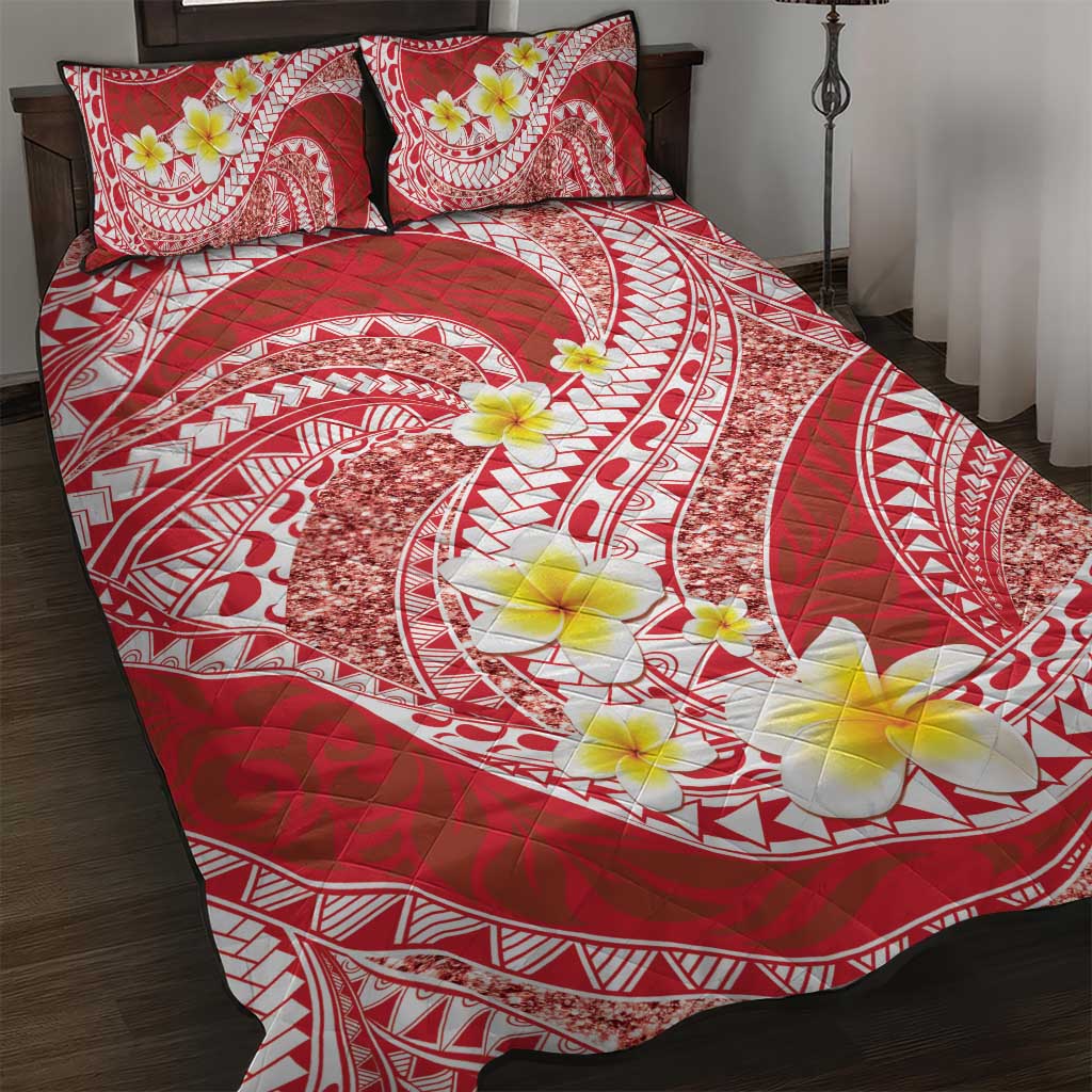 Plumeria Polynesian Coral Glitter Pattern Quilt Bed Set LT01 Coral - Polynesian Pride