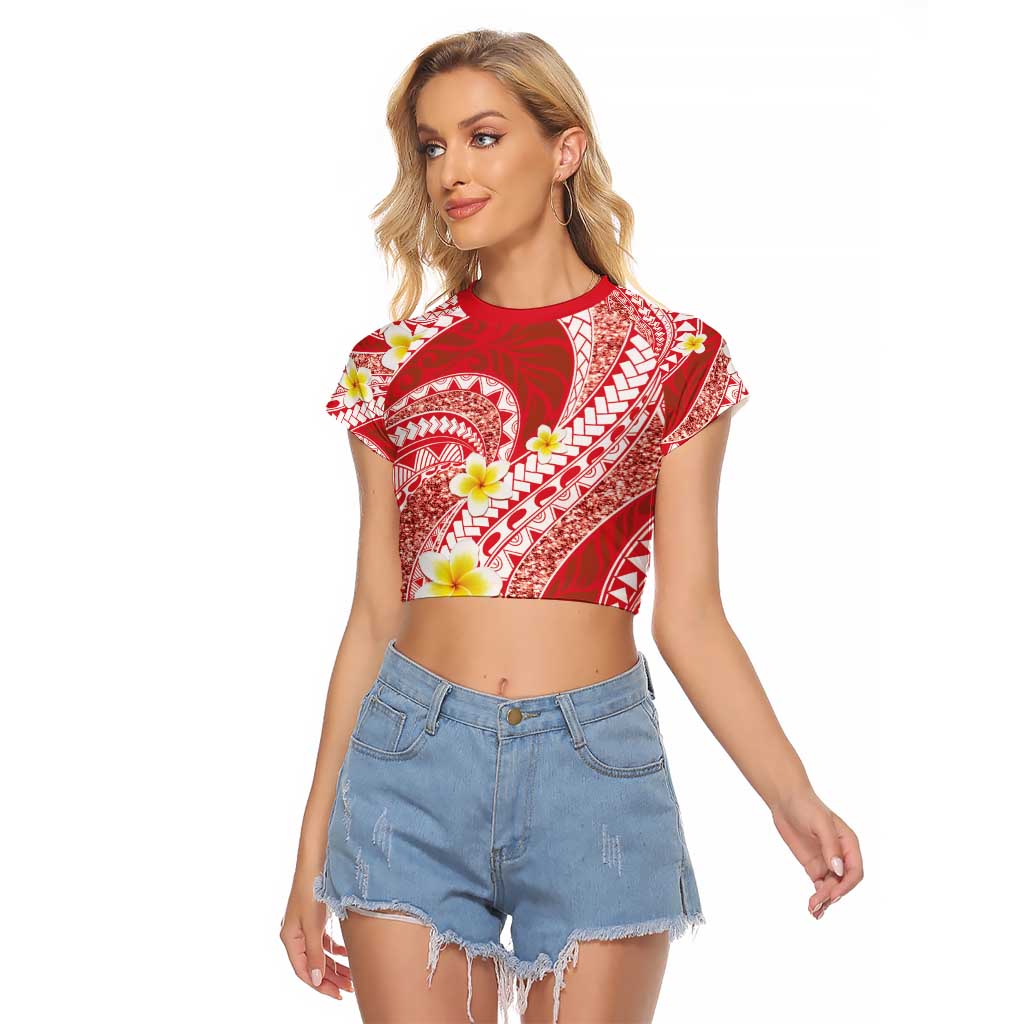 Plumeria Polynesian Coral Glitter Pattern Raglan Cropped T Shirt