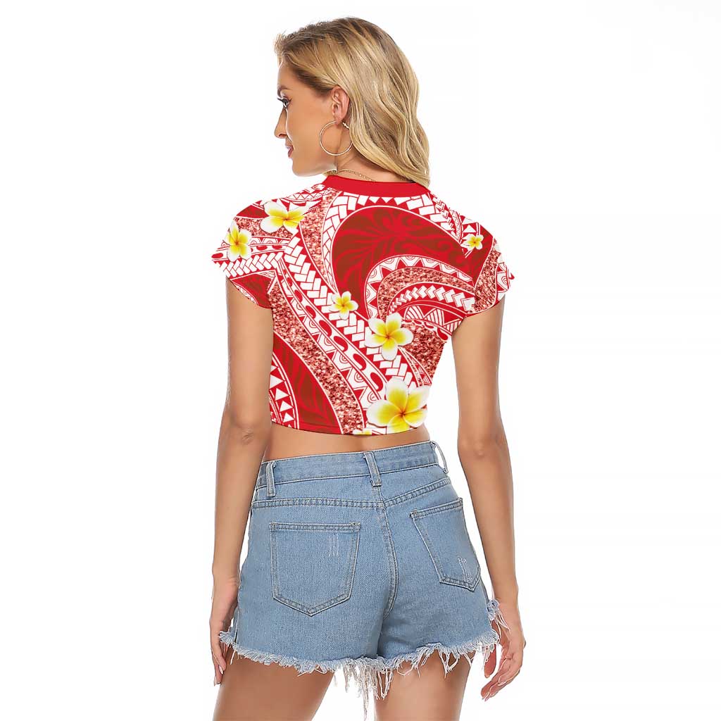 Plumeria Polynesian Coral Glitter Pattern Raglan Cropped T Shirt