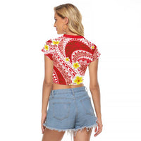 Plumeria Polynesian Coral Glitter Pattern Raglan Cropped T Shirt