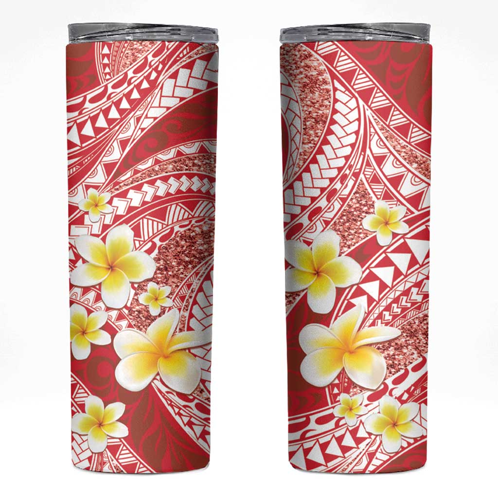 Plumeria Polynesian Coral Glitter Pattern Skinny Tumbler