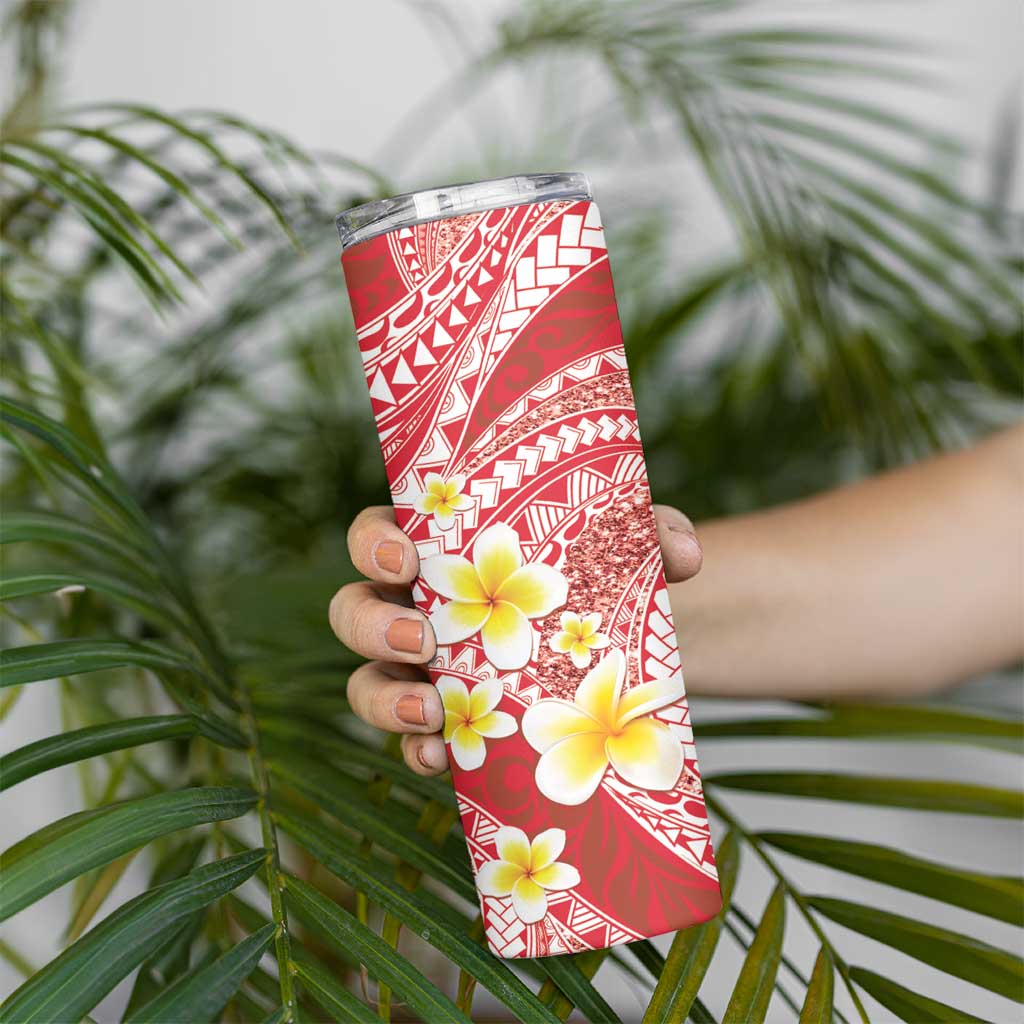 Plumeria Polynesian Coral Glitter Pattern Skinny Tumbler