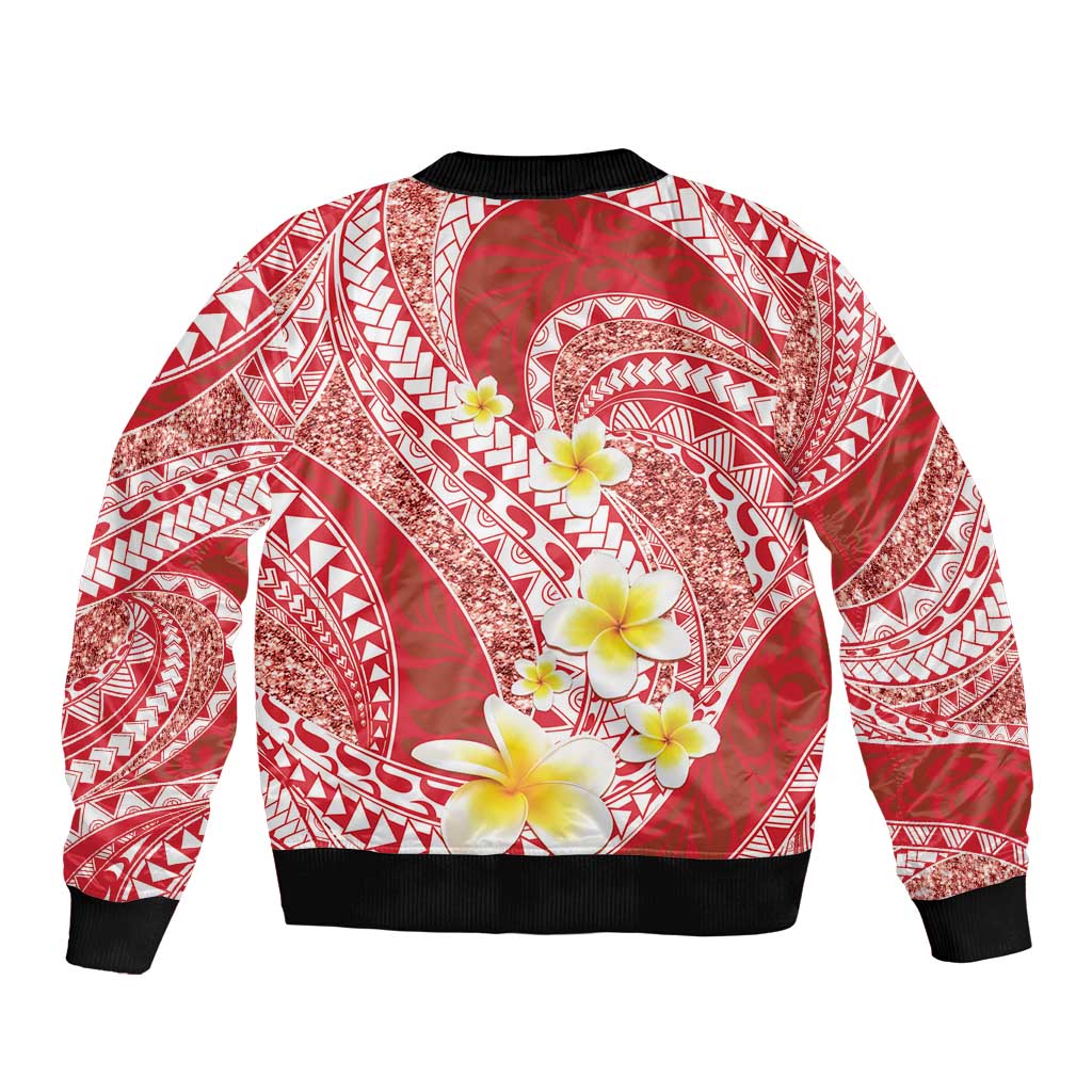 Plumeria Polynesian Coral Glitter Pattern Sleeve Zip Bomber Jacket