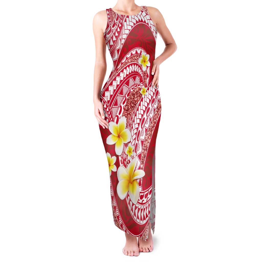 Plumeria Polynesian Coral Glitter Pattern Tank Maxi Dress